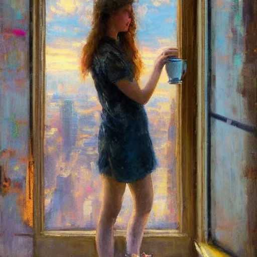 Prompt: “ girl holding a cup of coffee leaning out of a window overlooking the east village, morning light, by daniel gerhartz ”