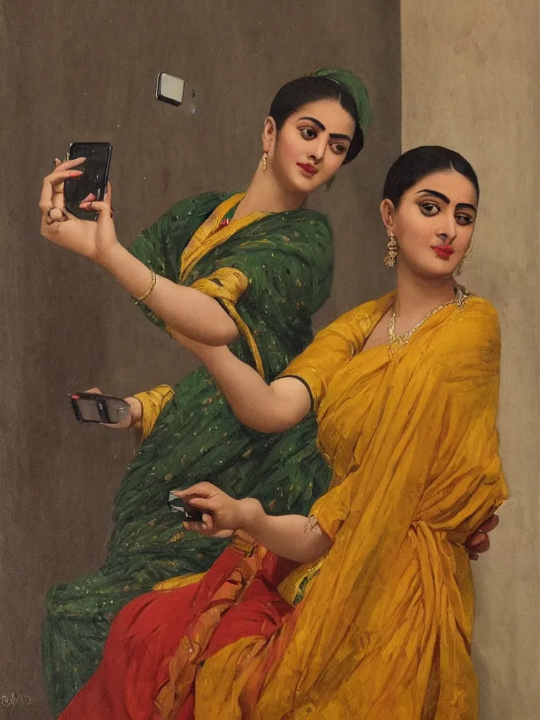 Image similar to a portrait of a lady using iphone and cliking selfie, painting by raja ravi verma