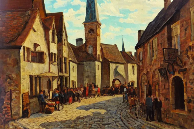 Image similar to middle ages town, oil painting, oil in canvas, brushstrokes