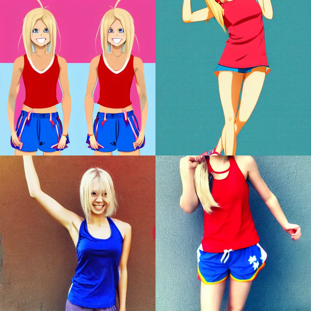 Prompt: digital art, pixiv, a short athletic blonde girl, blonde twin ponytails, happy and spirited expression, medium shot, red tank top and wide blue pants