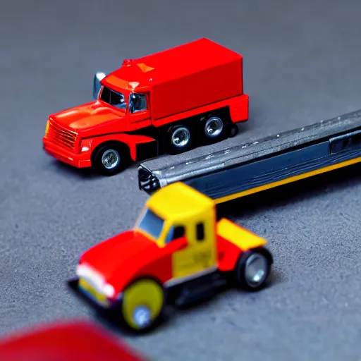 Image similar to cybertruck hot wheels on a desk with other toys in the background, depth of field, dramatic lighting