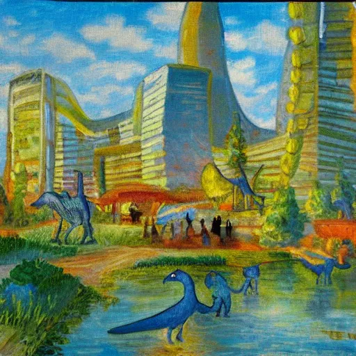 Image similar to impressionist painting of a utopian stone city with dinosaurs