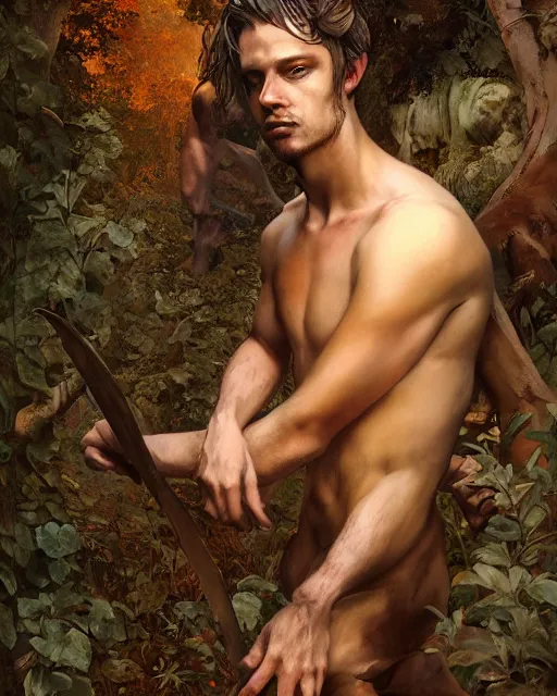 Prompt: maxwell jenkins as a satyr full body portrait, seductive, sexy, leaves, intricate, digital painting, old english, sepia, whimsical background by marc simonetti, artwork by liam wong