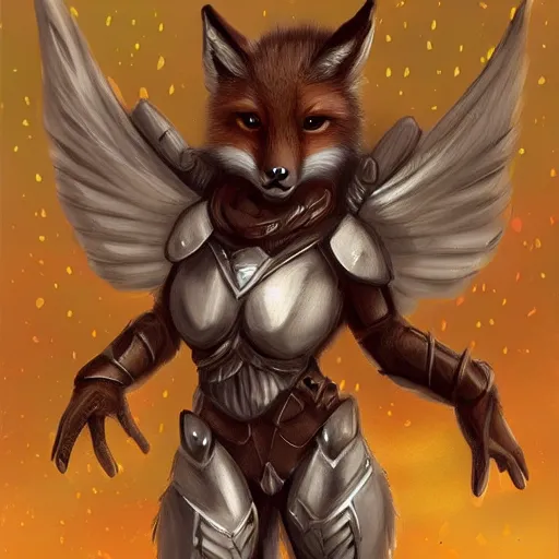 Prompt: a cute young looking anthro fox with wings wearing valkyrie armor, digital art, trending on art station