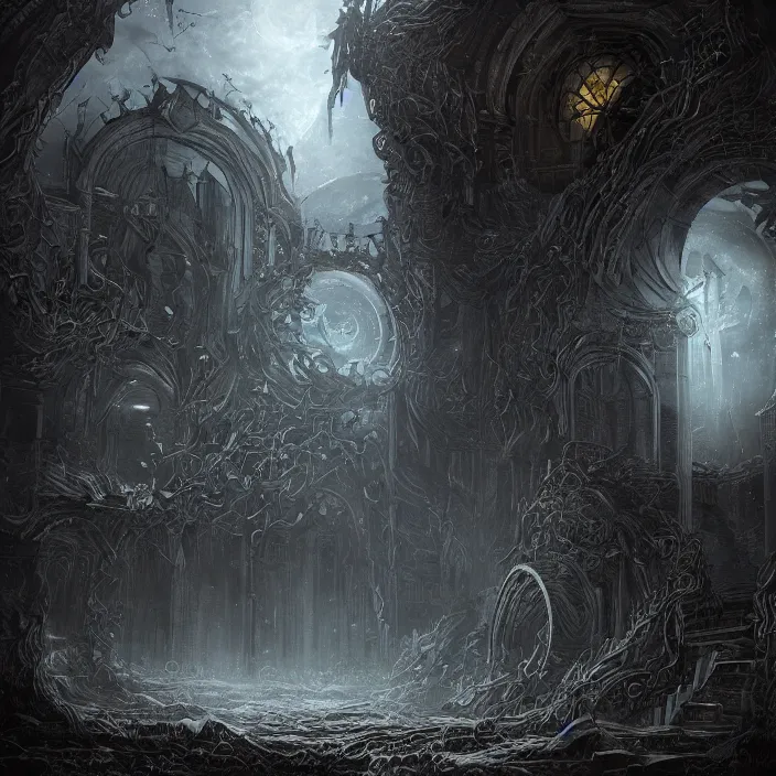 Image similar to gazing into the ominous dark etherial gate to the pitch black void, dark midnight, quiet and serene atmosphere, deviantart, concept art, intricate high detail masterpiece