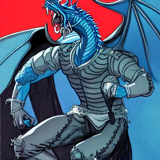Image similar to half - length porrtrait of a medieval fantasy male anthropomorphic blue dragon with electrcity magic, fantasy, d & d, high details, art by phil noto and frank miller