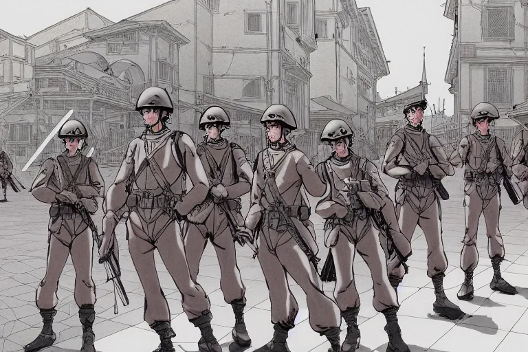 Image similar to cel shaded study of a group of soldiers in a late renaissance city, key visual with intricate linework, in the style of moebius, ayami kojima, 90's anime, retro fantasy