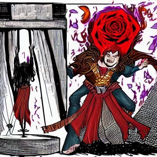 Image similar to The celestial warlock (a beautiful half elf with long red hair) clumsily knocks a single red rose from the top of a funerary urn, releasing an angry wraith from inside. The urn is on the floor, the rose is falling. Dramatic digital art illustration in comic book style by Simon Bisley