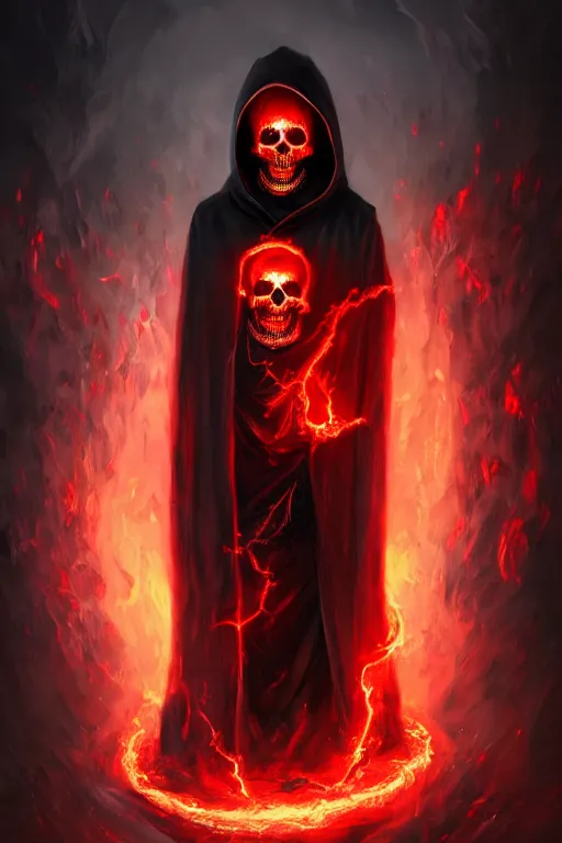 Image similar to A full body portrait of a mysterious character with a flaming skull with a very long hooded blood red and black cloak, tentacles coming out the ground art by Jason Chan, ominous, cosmic horror, trending on artstation, Ultra detailed, hyper realistic 4k