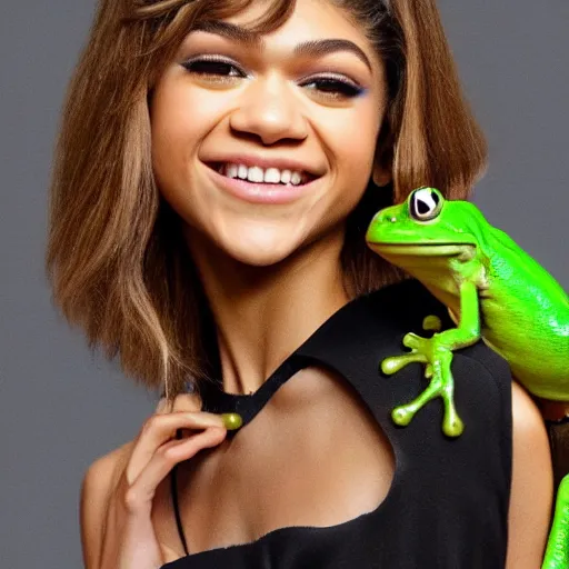 Image similar to ZENDAYA WITH A FROG'S BODY, frog arms frog legs frog torso frog spots, 4k PHOTOGRAPHY ,