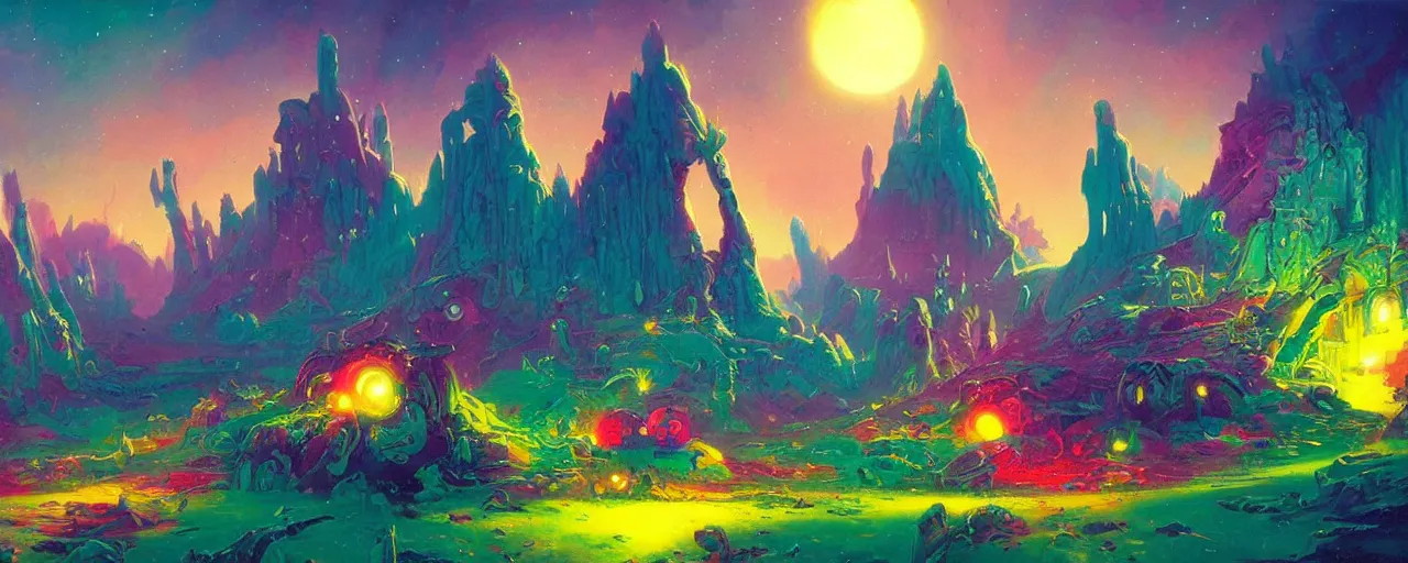 Image similar to ” mysterious and whimsical alien landscape, [ colorful, inviting, cinematic, detailed, epic, widescreen, opening, establishing, mattepainting, art by slop and paul lehr ] ”