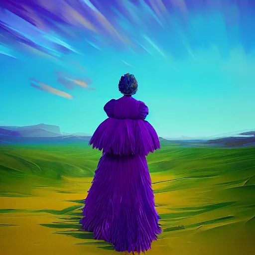 Image similar to portrait, giant purple dahlia flower head, woman between dunes, surreal photography, sunrise, blue sky, dramatic light, impressionist painting, digital painting, artstation, simon stalenhag
