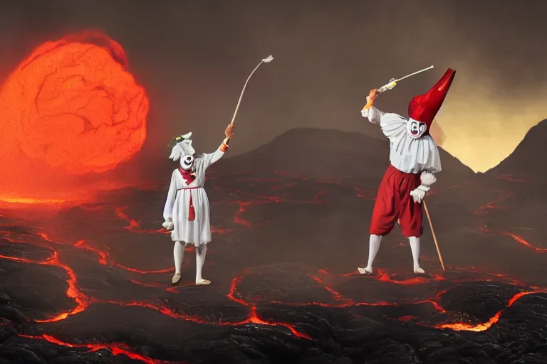 Image similar to pennywise as pulcinella! making pizza, vesuvius spewing lava in the background, glowing pools of lava, dark cloudy sky, by esao andrews, by james jean, full body, wide angle, post - apocalyptic, hyperrealistic, big depth of field, 3 d octane render, 4 k, perfect symmetrical face, masterpiece, hyperrealistic, trending on deviantart