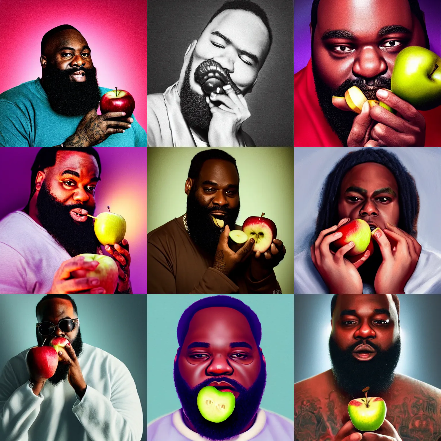 Prompt: Portrait of Rick Ross eating an Apple, Dramatic, Volumetric Lighting, Digital Art Trending on Artstation, full body, beauty, holy, sacred, seductive, purity