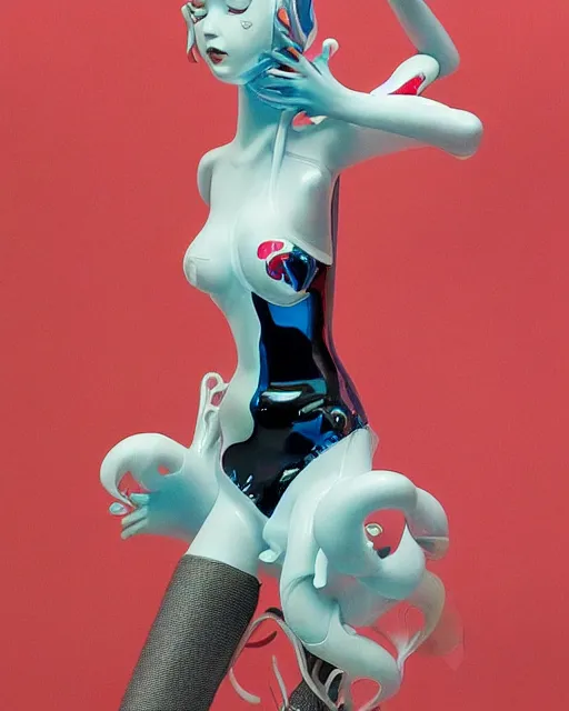 Image similar to james jean isolated avant garde vinyl figure high school girl, figure photography, dynamic pose, holographic undertones, glitter accents on figure, anime stylized, accurate fictional proportions, high delicate defined details, ethereal lighting