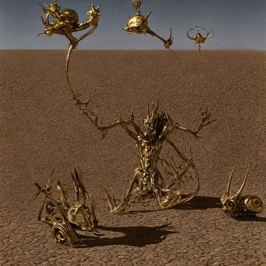 Image similar to portrait of salvador dali wearing a golden horned crown and jewels in a dry sand desert landscape, alien spaceship by giger in the landscape, film still from the movie by alejandro jodorowsky with cinematogrophy of christopher doyle and art direction by hans giger, anamorphic lens, kodakchrome, very detailed photo, 8 k