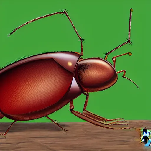 Prompt: full body cockroach character, smiling, large antennae, cartoon style, by Larry Ahern