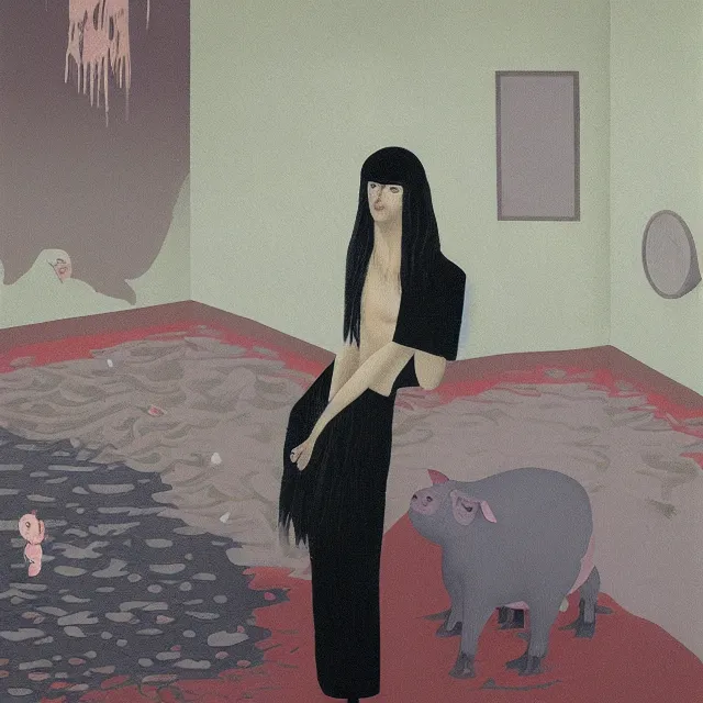 Image similar to tall female emo artist holding a pig in her flooded bathroom, water gushing from ceiling, painting of flood waters inside an artist's bathroom, a river flooding indoors, pomegranates, pigs, ikebana, zen, water, octopus, river, rapids, waterfall, black swans, canoe, berries, acrylic on canvas, surrealist, by magritte and monet