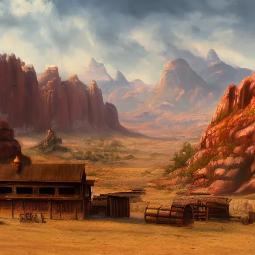 Image similar to a matte painting of the wild west, oil painting, pale colors, high detail, 8 k, wide angle, trending on artstation,