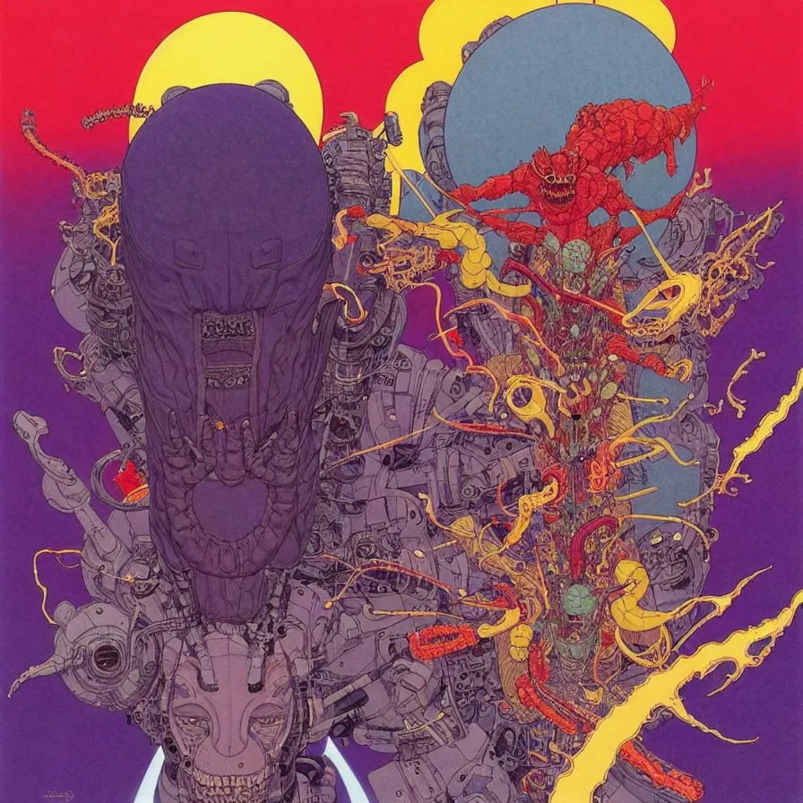 Image similar to ( ( ( ( the king of demons and the astronaut talking face to face ) ) ) ) by mœbius!!!!!!!!!!!!!!!!!!!!!!!!!!!, overdetailed art, colorful, artistic record jacket design