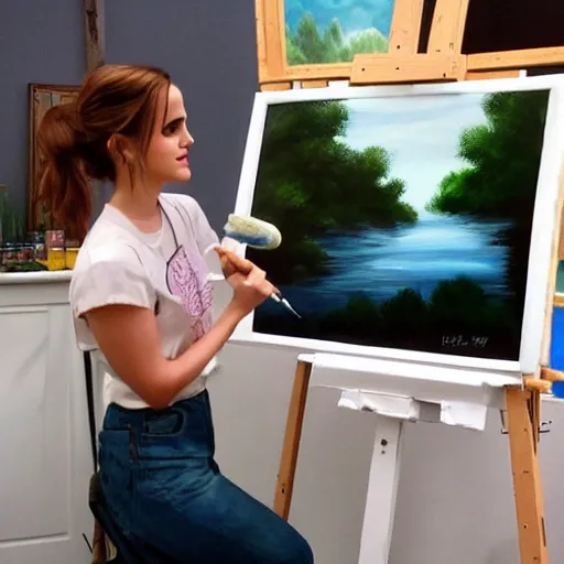 Image similar to emma watson painting bob ross