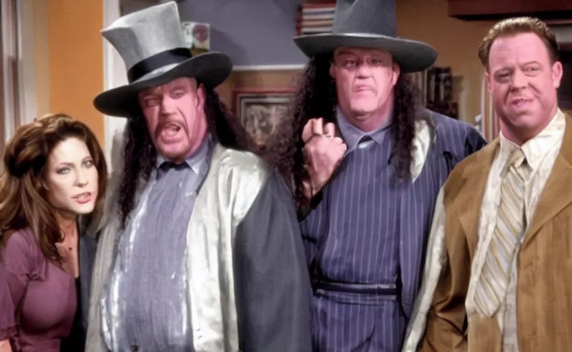 Prompt: a still of The Undertaker in a 90s sitcom,