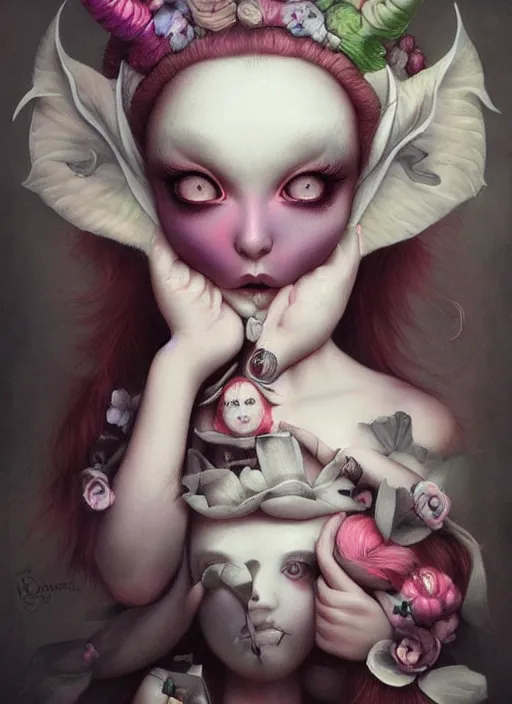 Image similar to pop surrealism, lowbrow art, realistic cute girl painting, japanese street fashion, hyper realism, muted colours, rococo, natalie shau, loreta lux, tom bagshaw, mark ryden, trevor brown style,