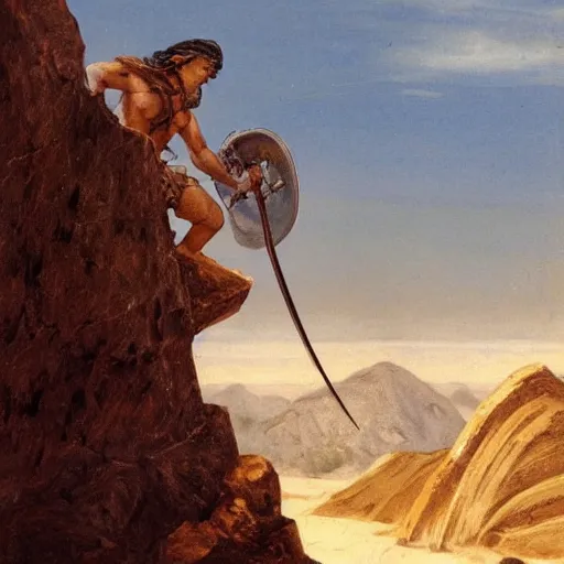 Image similar to persian folktale, barbarian on mars, standing atop boulder overlooking expanse, masked