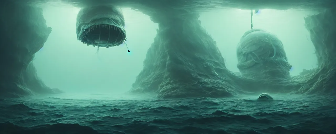 Prompt: ultra realistic muted colors horror photo of a dimly lit alien underwater landscape, very intricate details, focus, full frame image, high contrast, cgi render, artwork by tooth wu and wlop and beeple and greg rutkowski, award winning