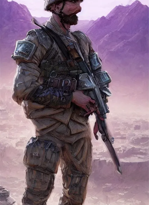 Image similar to purple lighting, detailed character concept illustration, white male strong muscular mature soldier with beard and short hair in a soldier uniform, desert with city in the background, sharp focus, illustration, highly detailed, digital painting, concept art, matte, art by wlop and artgerm and greg rutkowski, masterpiece