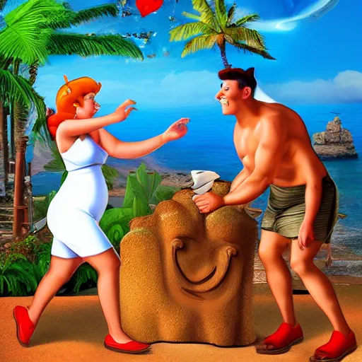 Image similar to fred and wilma flinstone honeymoon highly realistic digital photograph