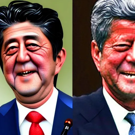Prompt: shinzo abe and jfk point and laugh at each other in hell, photo style