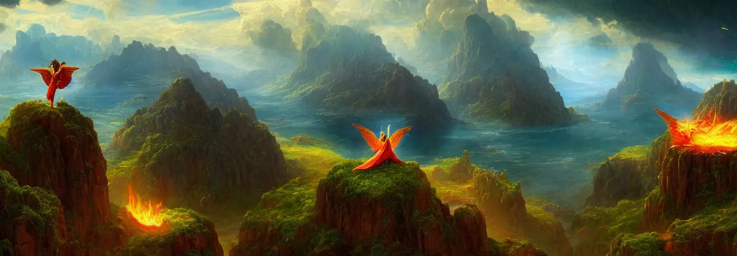 Image similar to Icarus with his wings on fire spiraling down as Daedalus bows his head in disbelief from the mountains below. in the style of a surreal and awe-inspiring Thomas Cole and Bruce Pennington digital art panorama landscape painting. unreal engine, 4k, matte, exquisite detail