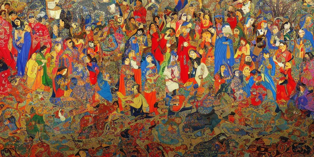 Image similar to persian folklore painting, modern, hd, clear, sharp focus, highly detailed