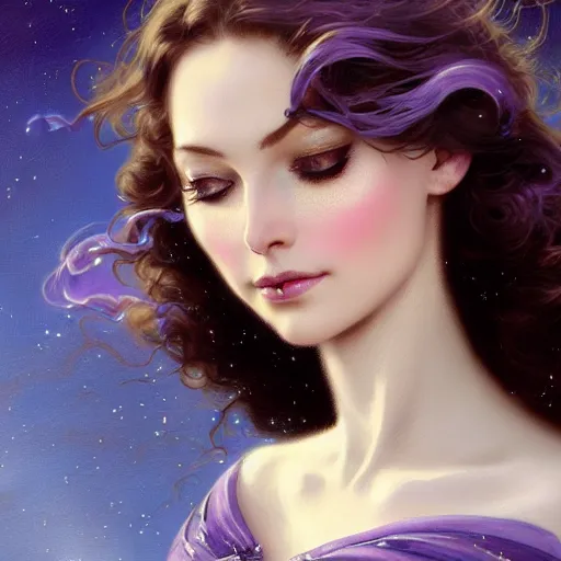 Image similar to beautiful female wizard with lavender skin casting swirling magic spell, nge, dark fantasy, three quarter profile face closeup, intricate, highly detailed, digital painting, volumetric light, artstation, concept art, smooth, sharp focus, illustration, art by gil elvgren and greg rutkowski and luis royo, and alphonse mucha, 8 k