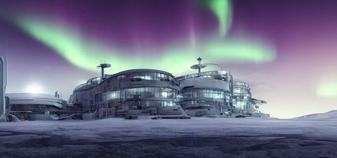 Image similar to modern research facility in the arctic at night, northern lights, aurora borealis, dramatic lighting, cinematic, establishing shot, extremely high detail, photo realistic, cinematic lighting, post processed, concept art, artstation, matte painting, style by eddie mendoza, raphael lacoste, alex ross