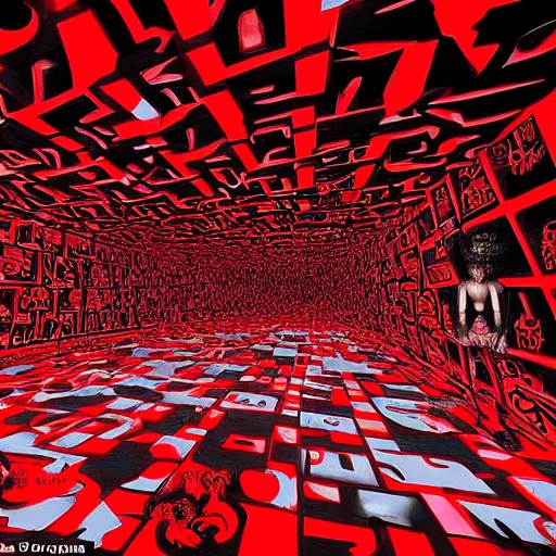 Prompt: a dark mind in a nightmare is aware of betrayal sadness and despondency of a schizophrenic in a red hyper mirror maze room