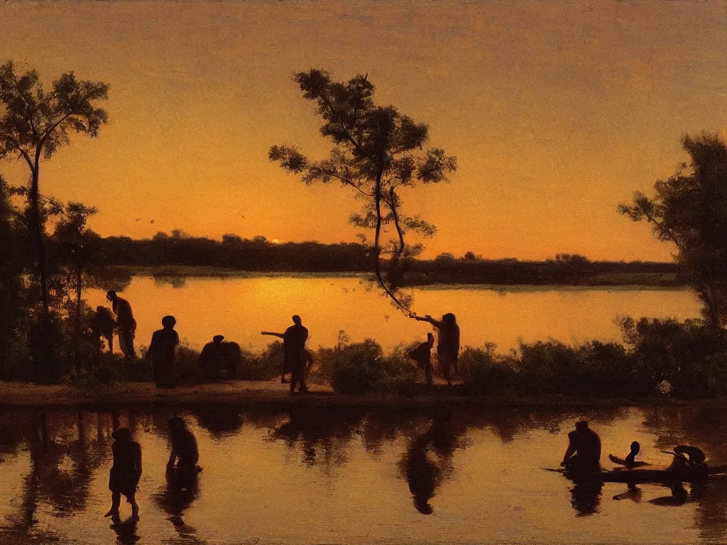Prompt: Men and Boys Playing in the Missiissippi River at Sunset, painting by George Caleb Bingham and Thomas Eakins, oil on canvas