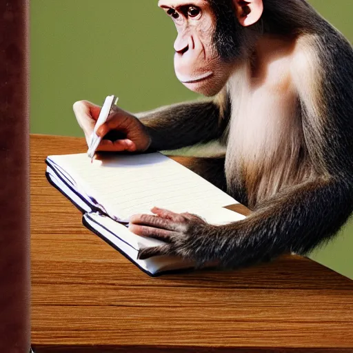 Image similar to monkey studying writing in a notebook, 4k, HD, Full-HD, Super-Resolution, by Laurie Lipton