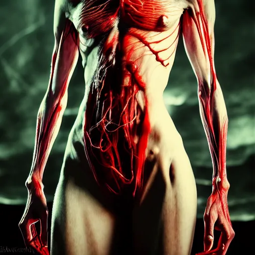 Image similar to female vampire monster with translucent skin, visible muscles and veins and arteries and bones and spine and nerves, beautiful detailed intricate insanely detailed octane render, 8K artistic photography, photorealistic, chiaroscuro, by David Cronenberg, Raphael, Caravaggio