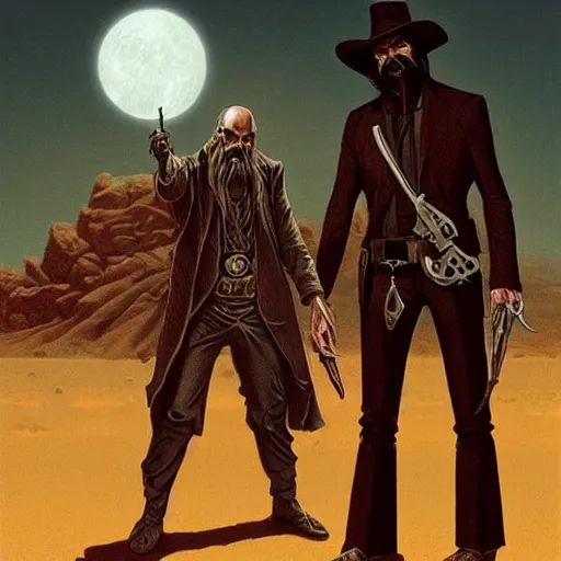 Image similar to a catholic priest with pale skin and black beard, revolver at side, crucifix around neck, similar to roland deschain, shadowy, in middle of desert, art by michael whelan, horror art, science fantasy, highly detailed, hq, trending on artstation, gritty