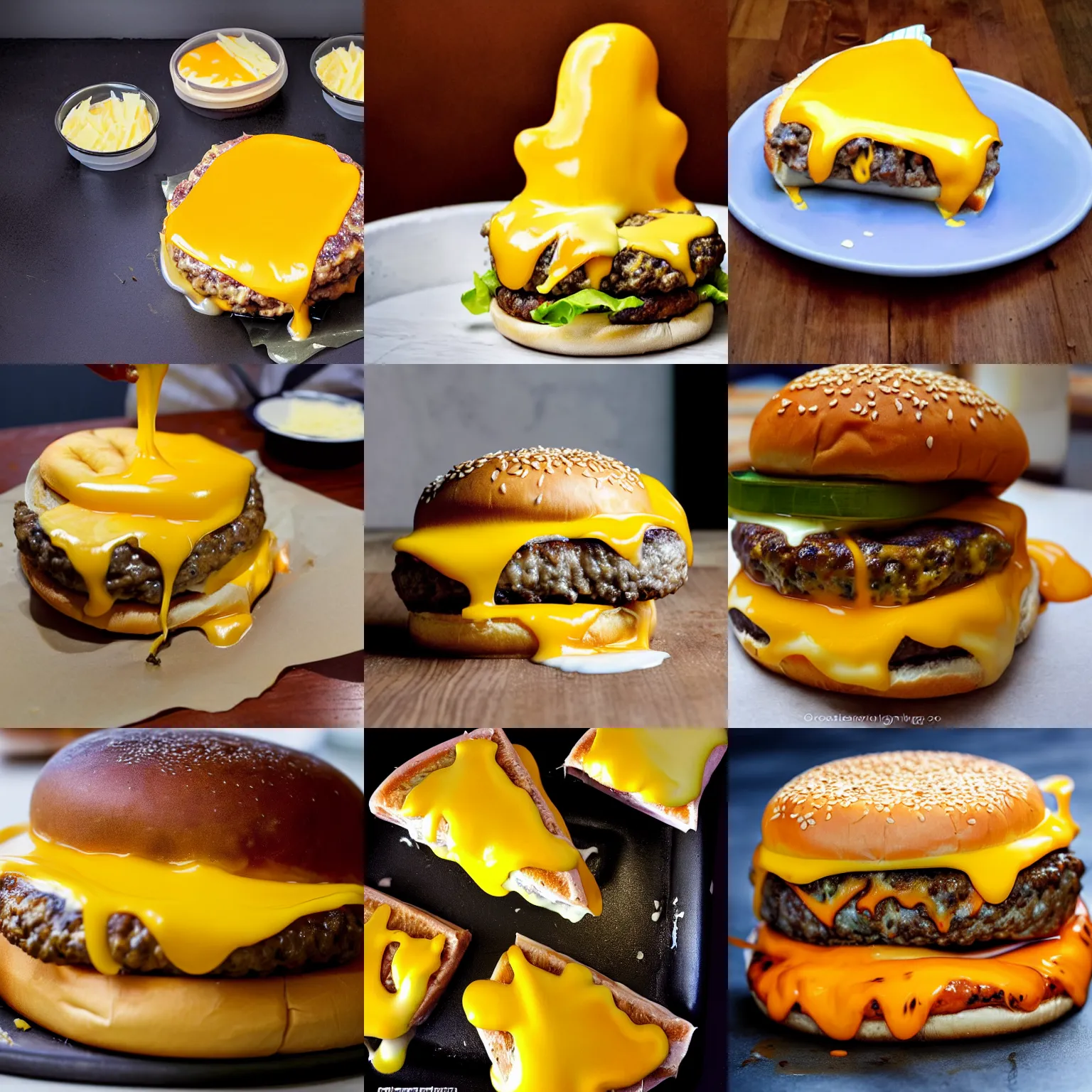 Image similar to cheeseburger with too much melted cheese, gooey cheese, overflowing cheese, cheese everywhere, puddle of cheese