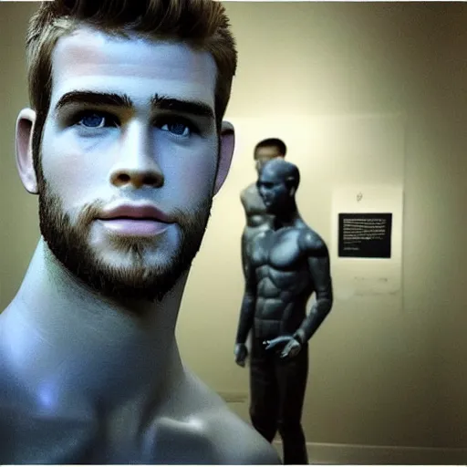 Image similar to “a realistic detailed photo of a guy who is an attractive humanoid who is half robot and half humanoid, who is a male android, actor Liam Hemsworth, shiny skin, posing like a statue, blank stare, at the museum, on display”