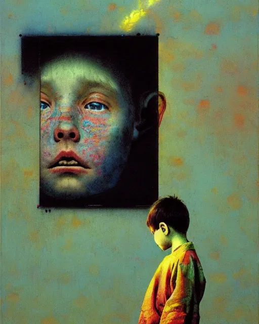 Image similar to 8k professional photo of an 8 years old boy standing in front of a computer from 90s monitor screen, Beksinski impasto painting, part by Adrian Ghenie and Gerhard Richter. art by Takato Yamamoto, masterpiece by Francis Bacon