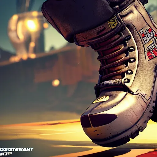 Image similar to a mechanic boots in the borderlands 3 style, close - up, cinematic shot, intricate, ornate, photorealistic, ultra detailed, realistic, 1 0 0 mm, photography, octane, high definition, depth of field, bokeh, 8 k, behance, artstation