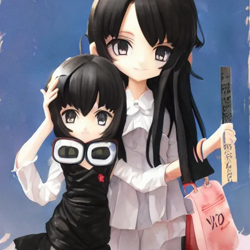 Prompt: portrait watercolor painting of nendoroid eyes kawaii chibi with black hair and hime cut in style of krenz cushart, ilya kuvshinov, pixiv key visual manga cover, POYOYONROCK