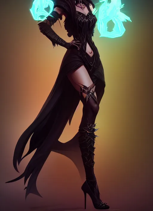 Prompt: dark sorceress with high heels, highly detailed, zeronis style, artstation, soft light, sharp focus, illustration, character design, concept art