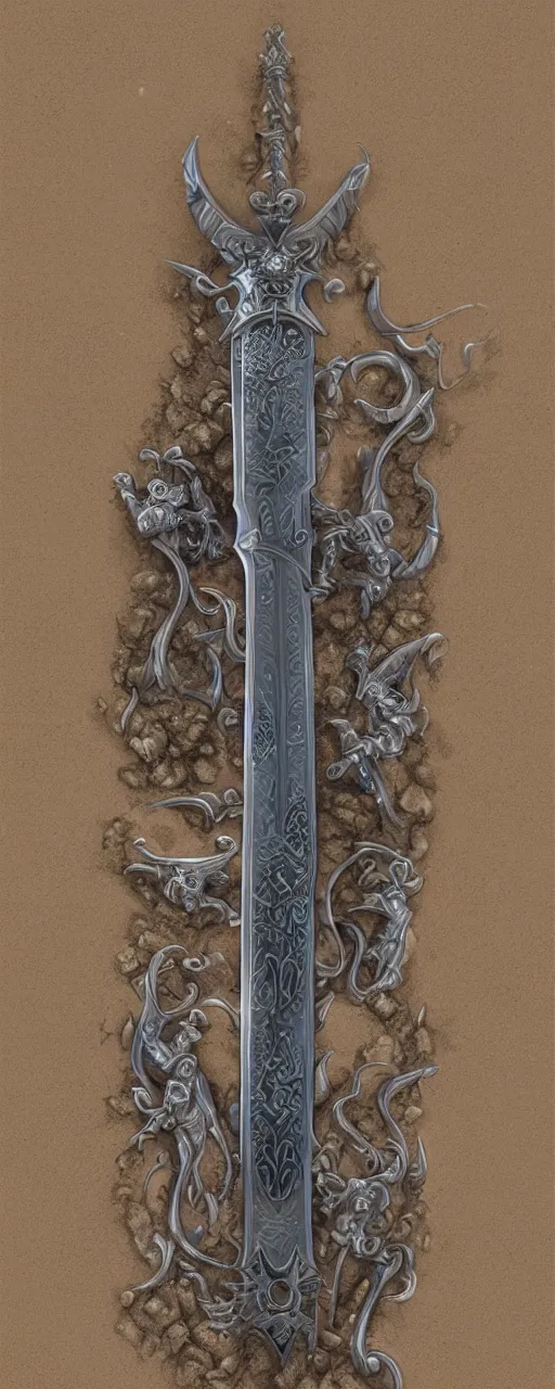 Prompt: sword of justice laying in the sand, ornate gem in pommel, engraved blade, serrated point, herringbone floor, low angle, greg rukowski, boris vallejo