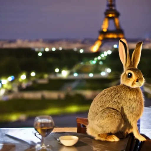 Image similar to a rabbit drinking wine in a cafe in Paris, the eiffel tower is visible in the background, it is night time, there are two humans sitting behind the rabbit