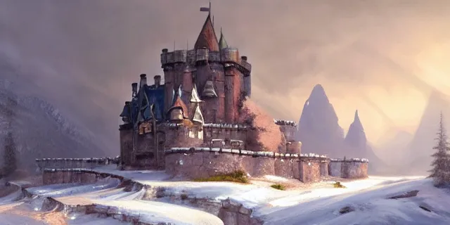 Image similar to a painting of a castle in the middle of a snowy mountain, a detailed matte painting by andreas rocha and greg rutkowski, featured on artstation, fantasy art, matte drawing, matte painting, artstation hq